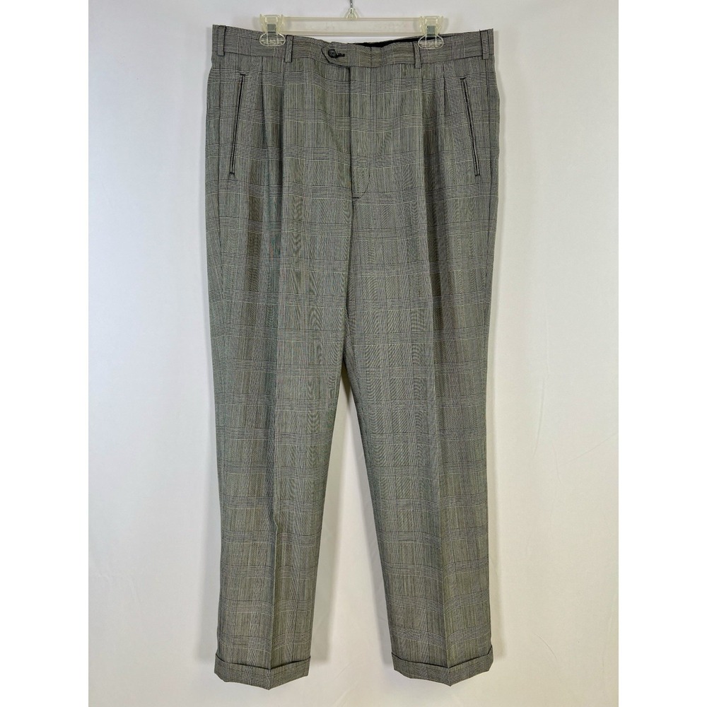 🇫🇷‎ Vtg Pierre Cardin Pleated Wool Trousers Made In USA 36x32 Gray Hound Tooth